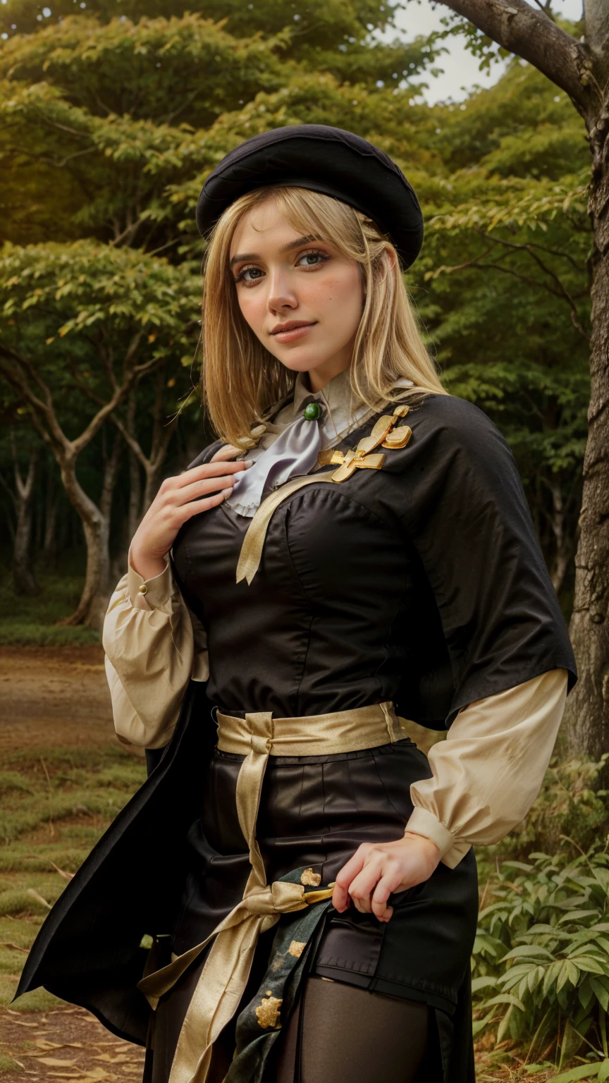 1 girl, best quality, ((Miyo)), Bethcast, perfect face, beautiful smile, 30 years old, ((ascot,uniform, black skirt, cross, ribbon, gold blonde hair, emerald, beret, cape, pantyhose)), ((perfectly drawn hands)), perfect body, bare tree, bush, fog, forest, grass, nature, outdoors, plant, scenery, solo, standing, tree, 32k photograph, ((perfect eyes, detailed eyes,realistic eyes)), ((sharp face, detailed face, realistic face, natural skin, realistic skin, detailed skin, pores)), full body, tone mapping, european, ((masterpiece)), ((highres)), ((detailed background)), japanese village background, sunset, big proportions, (abdomen is covered)