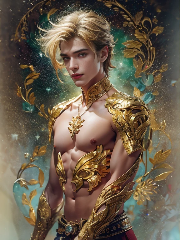 masterpiece ,top quality , realistic 、Luis Royo , Surreal portrait of a handsome boy、Super handsome boy、1 boy 、Shiny natural skin texture、excellent arm and chest muscles ,Автор Luis Royo 、age 19 , Ideal Anatomy , ideal male body、Portrait photograph of a boy、Close-up body photo , highest quality , realistic , Luis Royo, Attractive guy, Super handsome boy, Shiny natural skin texture, Автор Luis Royo, 19 years, ideal male body , Portrait photograph of a boy, Close-up body photo , fantasy art, Beautiful facial expression, Beautiful face, beautiful breasts, beautiful buttocks, Thin eyes, Clear and attractive, beautiful and alluring, beautiful eyes, thin waist, RAW photo, Red lips, Golden hair, short hair , glittering surreal gold decoration , sexy pose . The Milky Way in the sky , gold jewelry in the form of a tattoo on the butt , smile , Vaginal orchids ,Bright gold jewelry !A rich color palette of sparkling paints in bright colors !