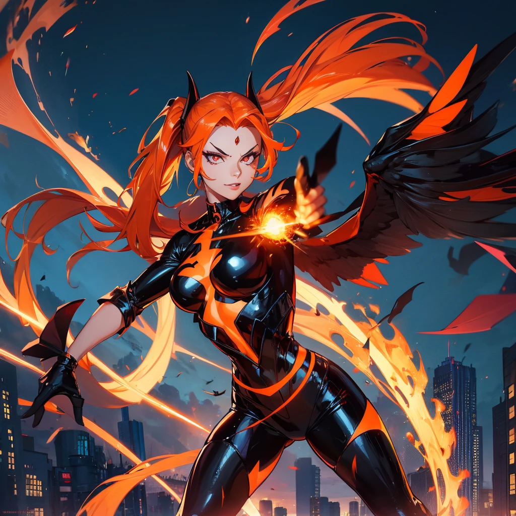 Seductive and Beautiful young woman with a soul of pure evil and hatred. Alluring ponytailed ginger supervillainess with fire blast powers.  Attacking a city snd killing random people.  A sinister smirk crosses her glossy lips.  Flaming angelic wings and a Skintight orange and black costume accentuate her curves. An orange high tech visor covers her eyes and flames dance around her hands.