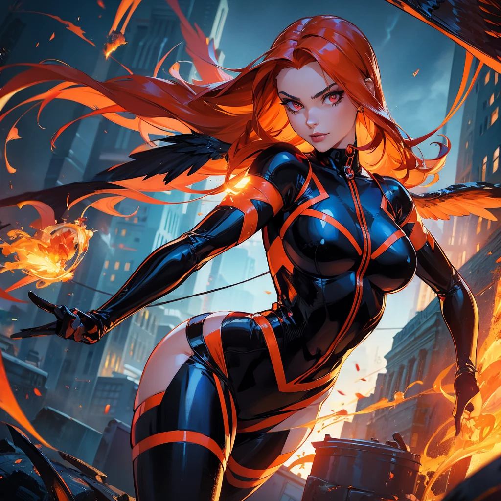 Seductive and Beautiful young woman with a soul of pure evil and hatred. Alluring ponytailed ginger supervillainess with fire blast powers.  Attacking a city snd killing random people.  A sinister smirk crosses her glossy lips.  Flaming angelic wings and a Skintight orange and black costume accentuate her curves. An orange high tech visor covers her eyes and flames dance around her hands.