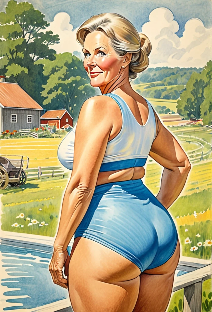 A colored pencil sketch of a beautiful 55yo swedish farm wife, she has hefty glutes, getting ready for a swim, two piece attire, 1965