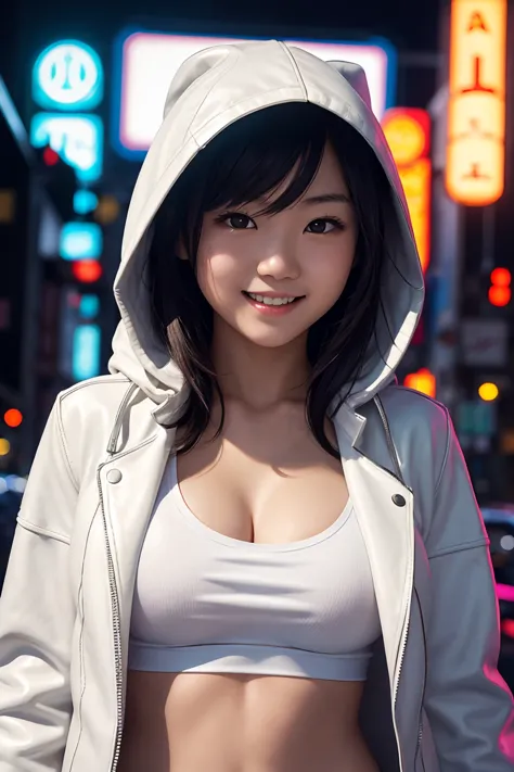 a young japanese girl, wearing a white t-shirt, a leather jacket and a hood up.
she was looking at me with a smile on her beauti...