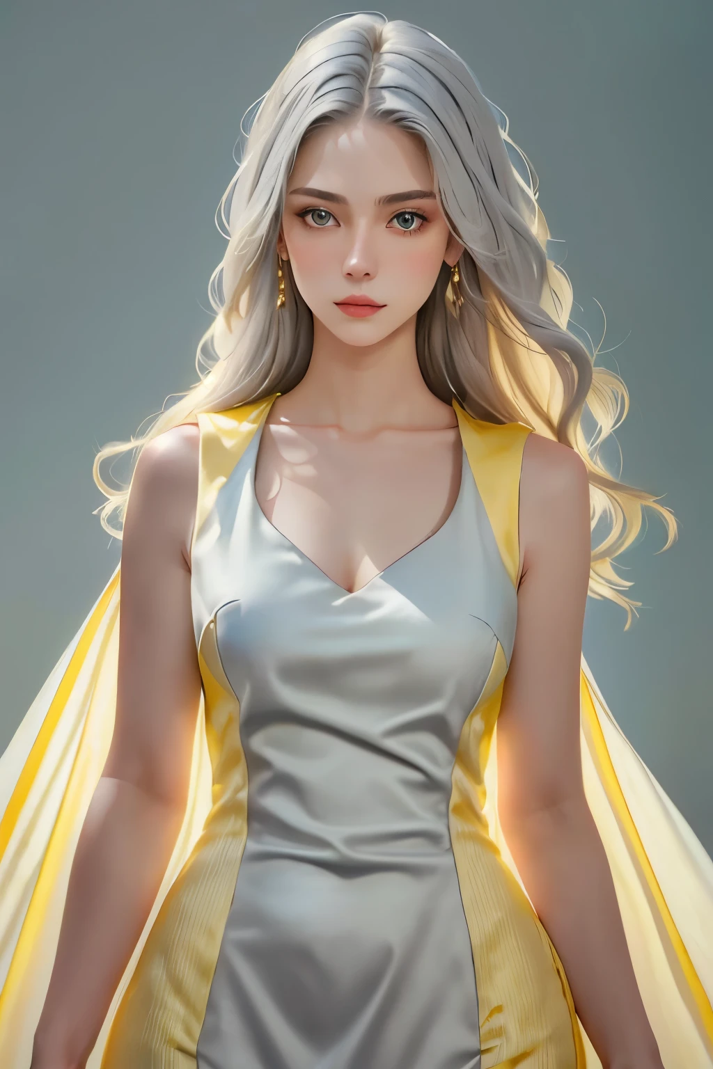 (oil, masterpiece, highest quality, Super detailed, Focus on the characters), Young woman, pale skin, ((a long gray hair)). ((a elegant yellow sleeveless dress)).  She has a serene expression. ((Looking straight ahead)), (front view), the background is a soft light blue gradient, giving the image an ethereal and calm feel, ((yellow dress)