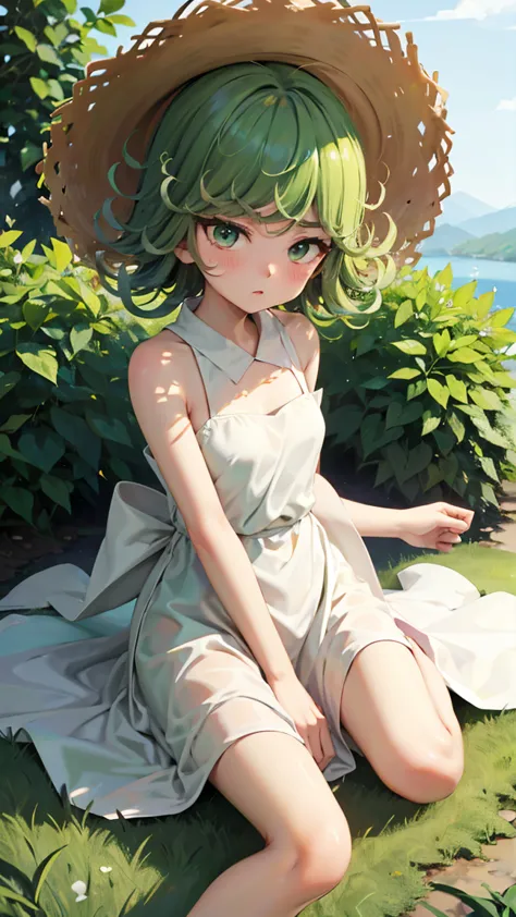 tatsumaki、one woman、green hair、medium hair、hair is curly、small waist、thin legs、blush、white dress、straw hat