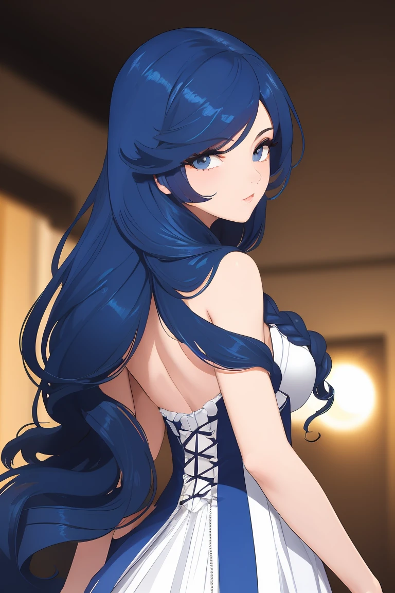 Her hairstyle features long, flowing hair with a vibrant blue hue. It has a slight wave, adding volume and movement. The hair is parted slightly to one side, creating a soft frame around her face. There are also some loose strands that cascade down, enhancing the overall look. The length extends well past her shoulders, reaching down her back, and it appears well-groomed and shiny. Additionally, there is an accessory or detail in the hair, possibly an ornament or braid, which adds a touch of style.