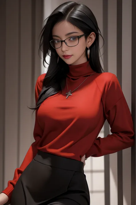 masterpiece, best quality, black hair, glasses, necklace, earrings, red sweater, turtleneck, labcoat, black miniskirt, large bre...