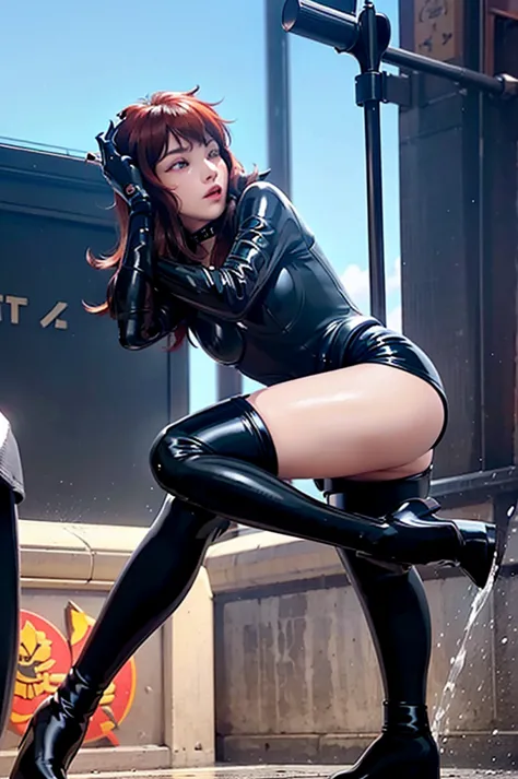 high resolution, beautiful woman, attention to detail, good lighting, obscene, transformation, (((black latex shorts))), (((blac...