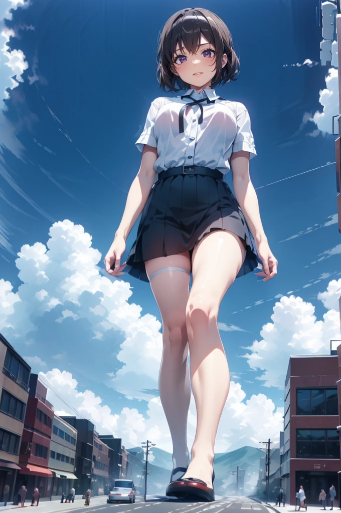 (((((Ultra HD)))))、(((((8ｋ)))))、(((Chest ribbon frill))),((((Megumi from How to Raise a Boring Girlfriend)))),Fisheye Lens、looking at the camera、Embarrassed、(Super huge breasts)、(Plump thighs)、Sweat it out、Lots of big explosions、cigarette、fire、(((ゴシックフリルmaid服)))、Giant art, highly detailed Giant shots, Giant, Two legs, Five Fingers, short hair, A beautiful girl bigger than any skyscraper, Wear rimless glasses, smile, Big Breasts, maid服, No shoes, Steam is coming out of the soles of the feet, Destroy a city, a very small big city, Miniature metropolis, Description of the whole body, GTS, giga Giant, Stomping City, Crush City, Small Town, Micro City, Pantyhose Legs, High resolution, Highest quality, masterpiece, maid, maid, 