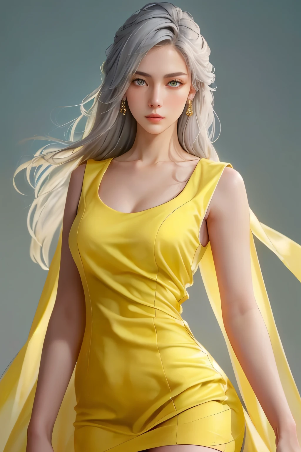 (oil, masterpiece, highest quality, Super detailed, Focus on the characters), Young woman, pale skin, ((a long gray hair)). ((a elegant yellow sleeveless dress)).  She has a serene expression. ((Looking straight ahead)), (front view), the background is a soft light blue gradient, giving the image an ethereal and calm feel, ((yellow dress)