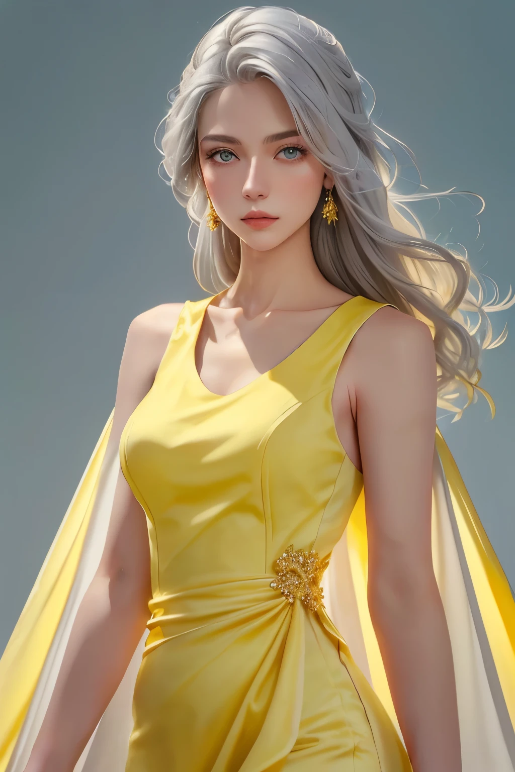 (oil, masterpiece, highest quality, Super detailed, Focus on the characters), Young woman, pale skin, ((a long gray hair)). ((a elegant yellow sleeveless dress)).  She has a serene expression. ((Looking straight ahead)), (front view), the background is a soft light blue gradient, giving the image an ethereal and calm feel, ((yellow dress)