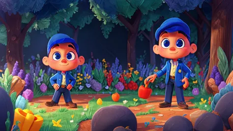 "a vibrant digital painting of just a  boy, dressed in a blue detective outfit, tommy, kneeling in a sunny vegetable patch. the ...