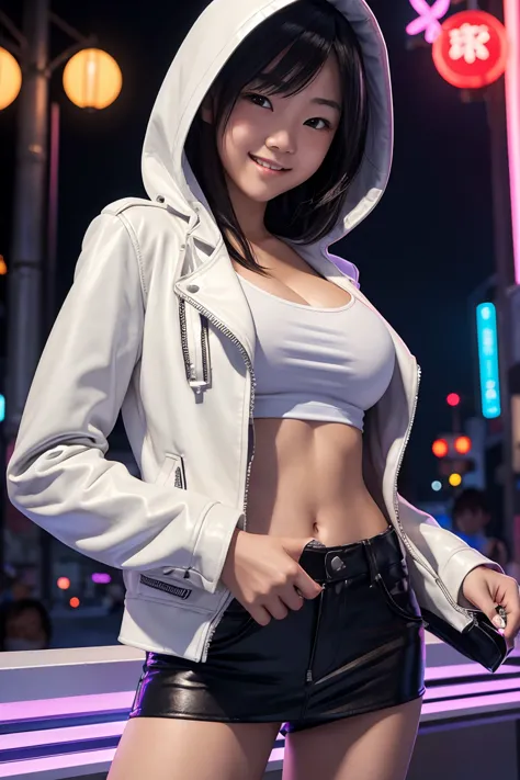 a young japanese girl, wearing a white t-shirt, a leather jacket and a hood up.
she was looking at me with a smile on her beauti...