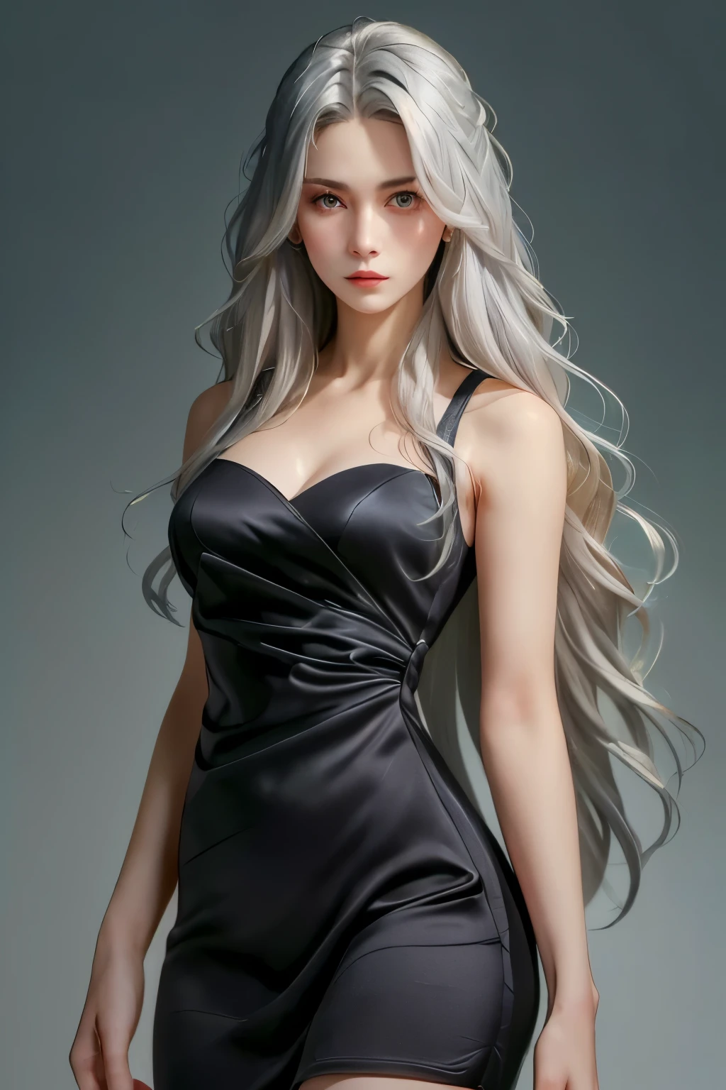 (oil, masterpiece, highest quality, Super detailed, Focus on the characters), Young woman, pale skin, ((a long gray hair)). ((a elegant black sleeveless dress)).  She has a serene expression. ((Looking straight ahead)), (front view), the background is a soft light blue gradient, giving the image an ethereal and calm feel, ((black dress)