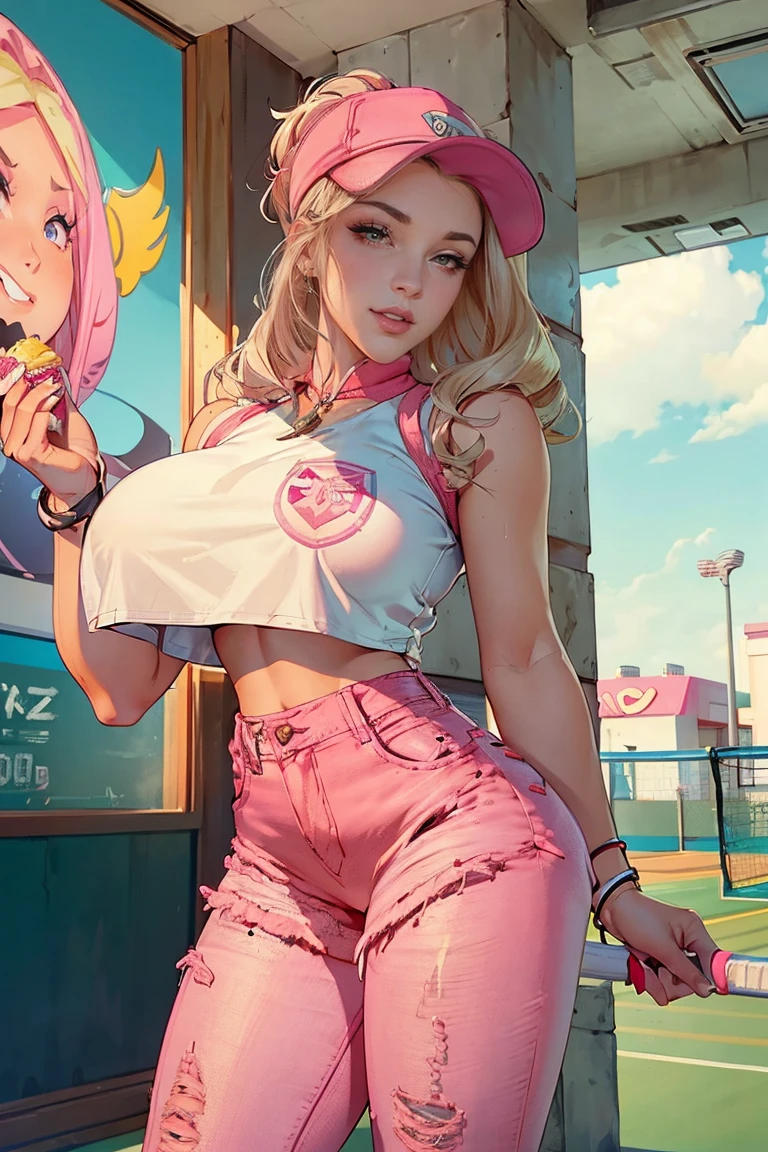 an attractive young woman, blonde, ((cropped rosa claro)), ((pink denim mini skirt)), ((tennis)), sculptural body, Scrumptious, at a fast food restaurant during the day.