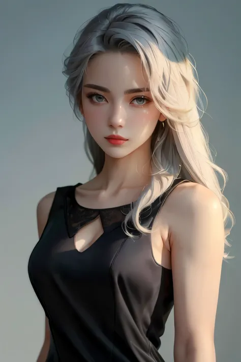 (oil, masterpiece, highest quality, super detailed, focus on the characters), young woman, pale skin, ((a long gray hair)). ((a ...