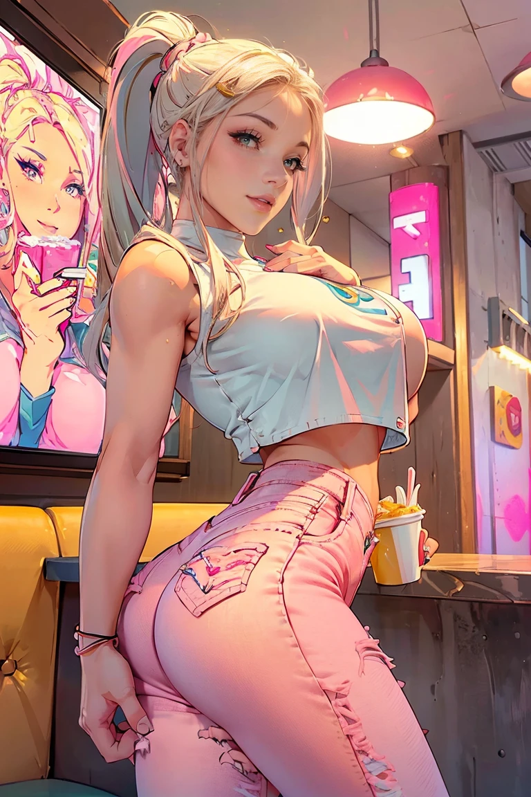 an attractive young woman, blonde, ((light white cropped top)), ((pink denim mini skirt)), sculptural body, Scrumptious, at a fast food restaurant during the day.