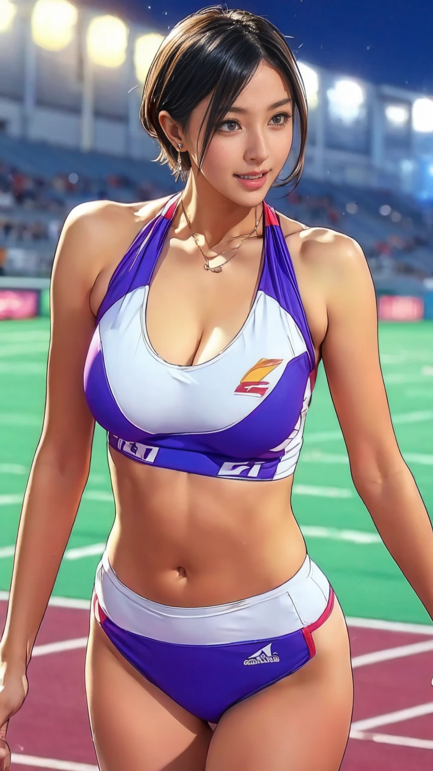 Highest quality}, {so beautiful}, {Very detailed}, {Best illustrations}, Browsing Caution, Realistic, masterpiece, Highest quality, (Beautiful Eyes), Short Hair Woman:1.5, One mature woman, Huge breasts, Sweat, night, Outdoor, in the stadium track field, racing bra,racing buruma, Grin, Wet Face, Wet body, Earrings, Central opening, Put your arms behind your body、Camel Toe, Great tit, Nipple puffs, Cleavage, Plump, overtake, overtakeデカ尻