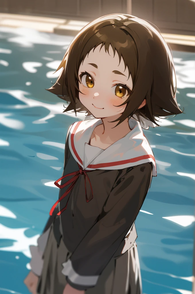 masterpiece, Highest quality, One Girl, Mashiro Mitsumine, (brown eyes:1.5), brown hair, Upper body, Pool、Water Play、seems to be happy、short hair, , Black-haired, Casual clothing, Frills,Top view、grey skirt, long sleeves, neck ribbon, red ribbon, ribbon, sailor collar, school uniform, skirt, white sailor collar,