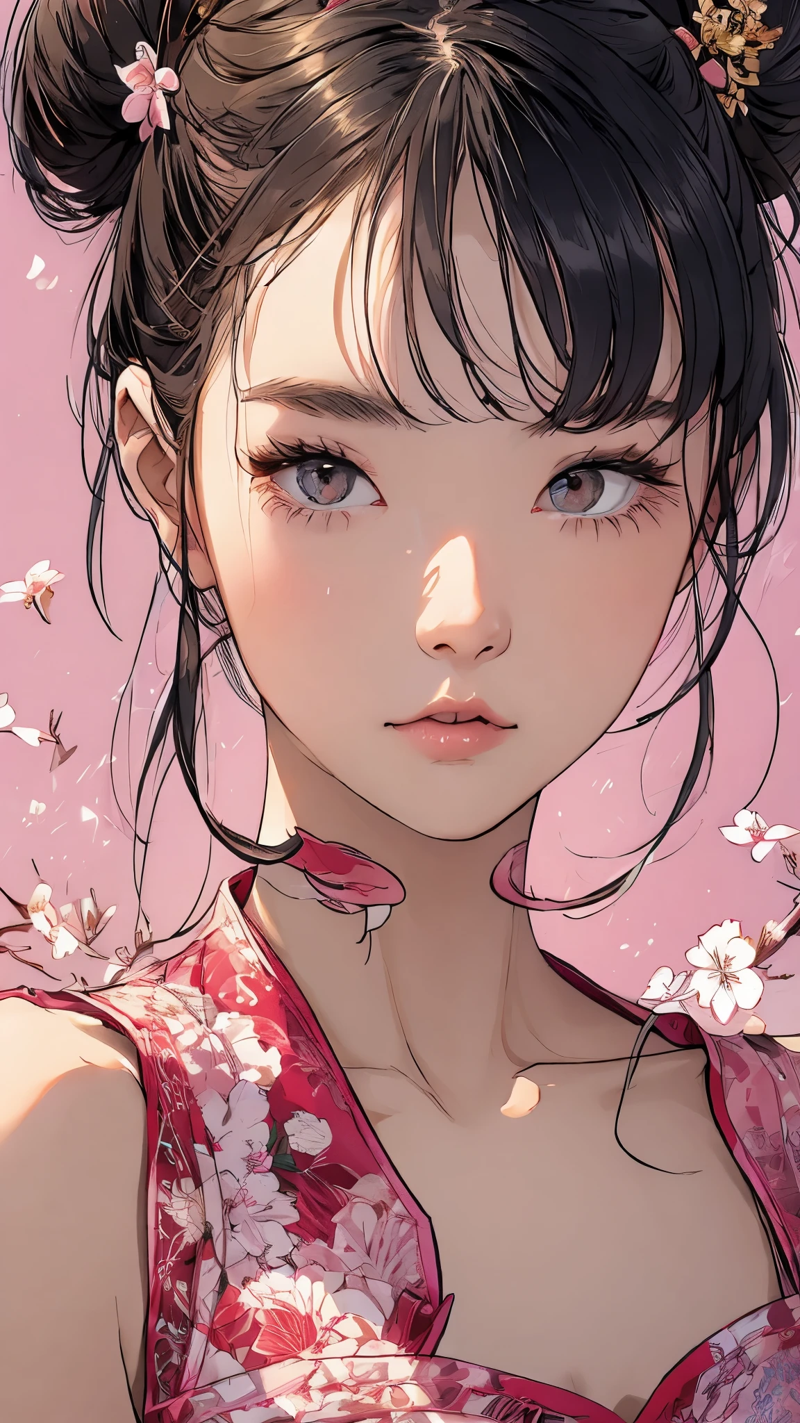 Beautiful and charming Chinese woman、Half-body photo、Delicate and sexy collarbone、Attractive oval face、double eyelid、Bright peach blossom eyes、Pink Lips、Small Nose、pout、Concentrated face、Face close-up、Black Hair、Two buns、Ultra-high resolution、Super detailed、Ultra Close-Up、A blue cheongsam、Fighter