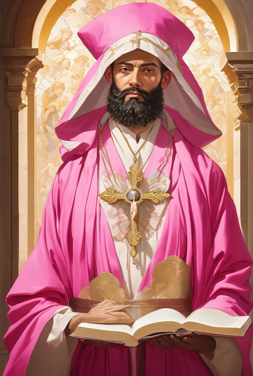 arafed man in a pink robe holding a book and a cross, matthew benedict, picture of a male cleric, inspired by Matthias Stom, by Mathieu Le Nain, biblical clothing, orthodox saint christopher, hermes trismegistus, dressed like a cleric, religious robes, holding a holy symbol, inspired by Mathieu Le Nain, mattey, holy themed