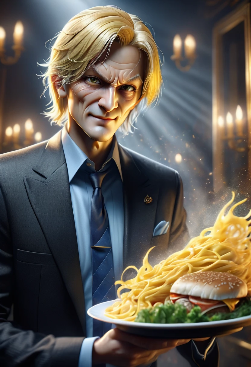 1boy, sanji, chef, holding plate of food, black suit, blue shirt, blond hair, neat hairstyle, side-parted hair, yellow tie, elegant, proud expression, intricate details, hyper realistic, 8k, masterpiece, photorealistic, cinematic lighting, dramatic lighting, warm color tones, mouthwatering food