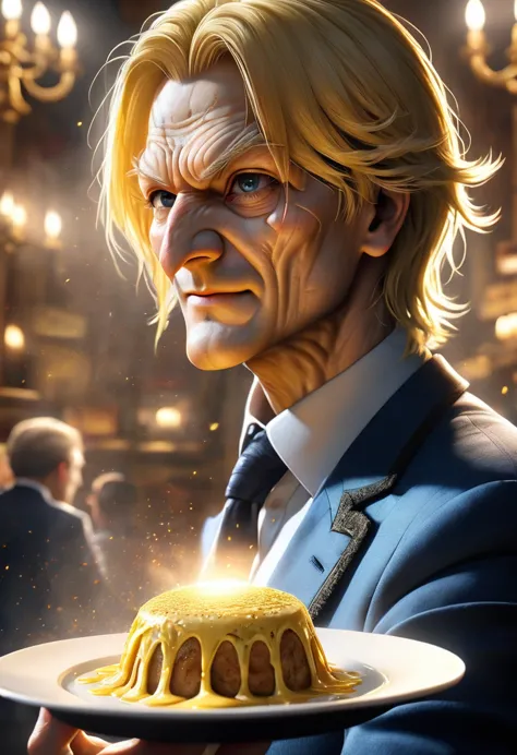 1boy, sanji, chef, holding plate of food, black suit, blue shirt, blond hair, neat hairstyle, side-parted hair, yellow tie, eleg...