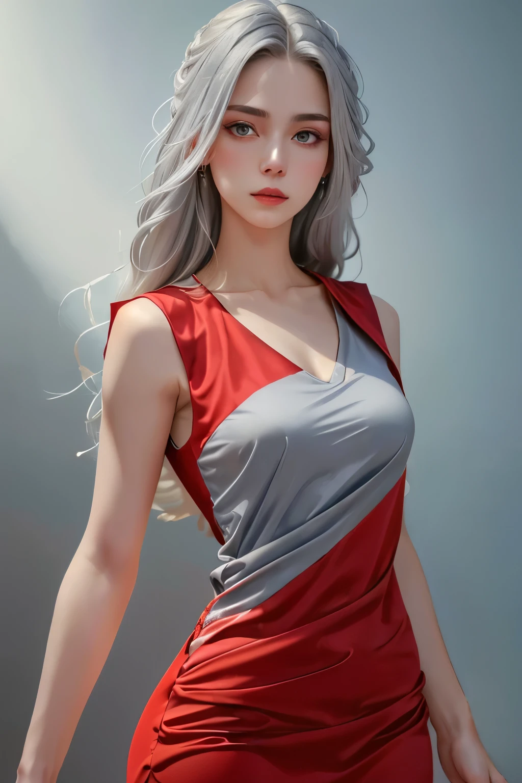 (oil, masterpiece, highest quality, Super detailed, Focus on the characters), Young woman, pale skin, ((a long gray hair)). ((a elegant red sleeveless dress)).  She has a serene expression. ((Looking straight ahead)), (front view), the background is a soft light blue gradient, giving the image an ethereal and calm feel, ((red dress)