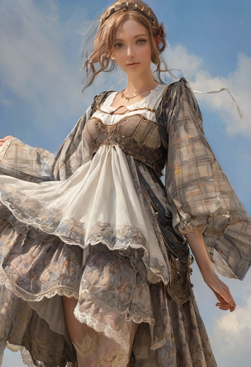 Underwear, Patterned cotton fabric realistic panties, Medieval one-piece dress with panniers, Fabric Realism, Low - Angle, I can see the drawers, Pull up the dress with your hands, Strong winds, Translucent slip, Translucent slip, tights, Highest quality, Crotch close-up, whole body