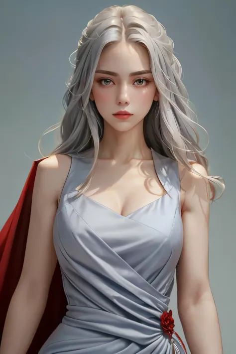 (oil, masterpiece, highest quality, super detailed, focus on the characters), young woman, pale skin, ((a long gray hair)). ((a ...