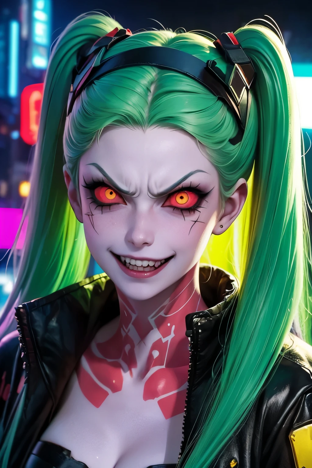 ((Close-up face)). Rebecca, 1girl, young girl, 1 , futuristic cyberpunk, lewd grin, (twin tail, hairband, colored sclera, red sclera, pale green hair, green pupils, fang, red eyes, wearing a little sexy clothes, black croped jacket ), ((psycho face, creppy smiling. Angry face )), (((skin texture))), cinematic, ultra highly detailed, beautiful details, vivid, saturated colors, filigree detailed, tiny details, pop surrealism, cowboy shot. ((Blast cyberpunk city background )) 