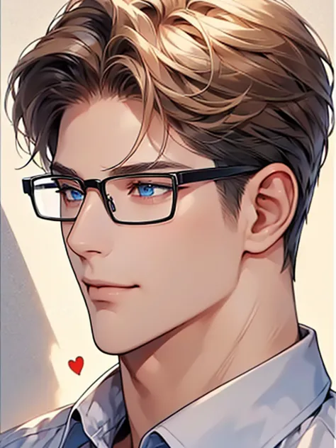 masterpiece, best quality, 1male, brunette hair, blue eyes, glasses, white shirt, mugshot, wall background, detailed eyes, expre...