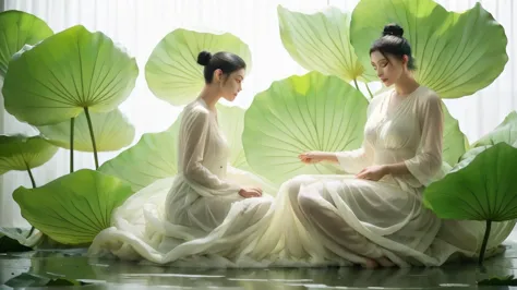 1 plus size women，独奏，giant lotus leaf，black hair，dress，  
looking at the audience，white dress，hair bun，sitting，单hair bun，
leaves...