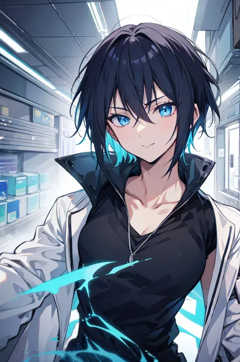 face_through_torso, 1man, short_hair(black_hair), blue_eyes, smiling expression, black shirt, cyberpunk-style white trench coat,...