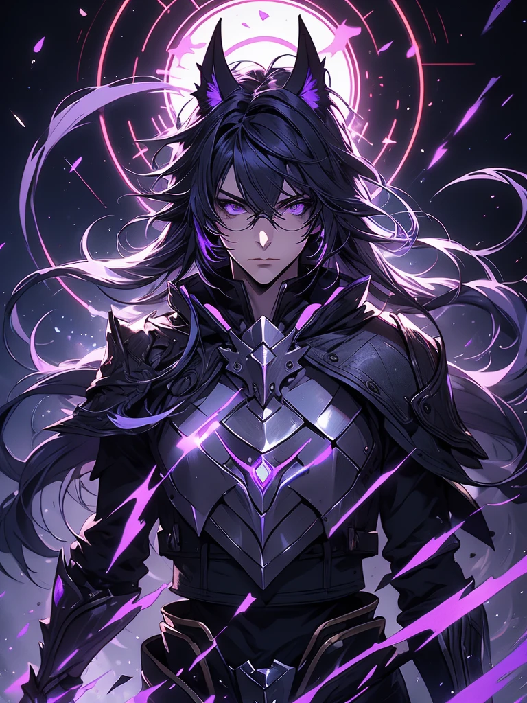 ((masterpiece)), ((an extremely delicate and beautiful)), (best quality), (ultra-detailed), (best illustration), (best illumination), photorealistic, 1boy, solo, long hair, lilac hair, wearing glasses, lilac eyes, black sclera, black armor, lilac armor, multicolored armor, hammer hero, crazy, metal halo behind, dark aura, obsession, glowing pupils, full body, floating in air, ruins scenery, dark sky, maniac. 