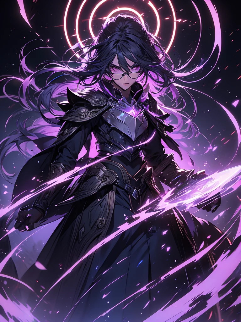 ((masterpiece)), ((an extremely delicate and beautiful)), (best quality), (ultra-detailed), (best illustration), (best illumination), photorealistic, 1boy, solo, long hair, lilac hair, wearing glasses, lilac eyes, black sclera, black armor, lilac armor, multicolored armor, hammer hero, crazy, metal halo behind, dark aura, obsession, glowing pupils, full body, floating in air, ruins scenery, dark sky, maniac. 