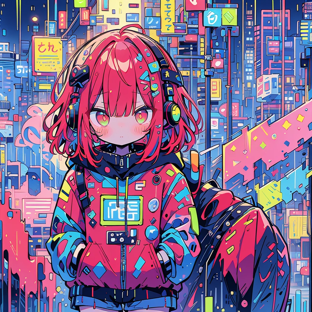 8 k resolution、((highest qualityr))、((masterpiece))、((Ultra-detailed))、1 woman、Alone、Incredibly absurd、Oversized hoodies、headphones、Street、outdoor、rain at night、Neons、Haircut、bright colored eyes、hands in pockets、Shorts、dripping water、red hairs、Bob Hair