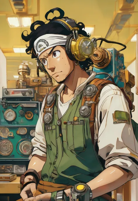 a photorealistic portrait of usopp, a young man with curly black hair wearing a green overalls and white bandana, tinkering with...