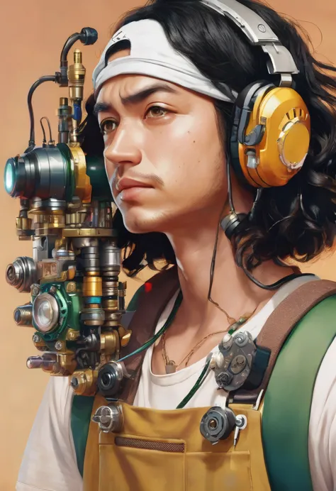 a photorealistic portrait of usopp, a young man with curly black hair wearing a green overalls and white bandana, tinkering with...