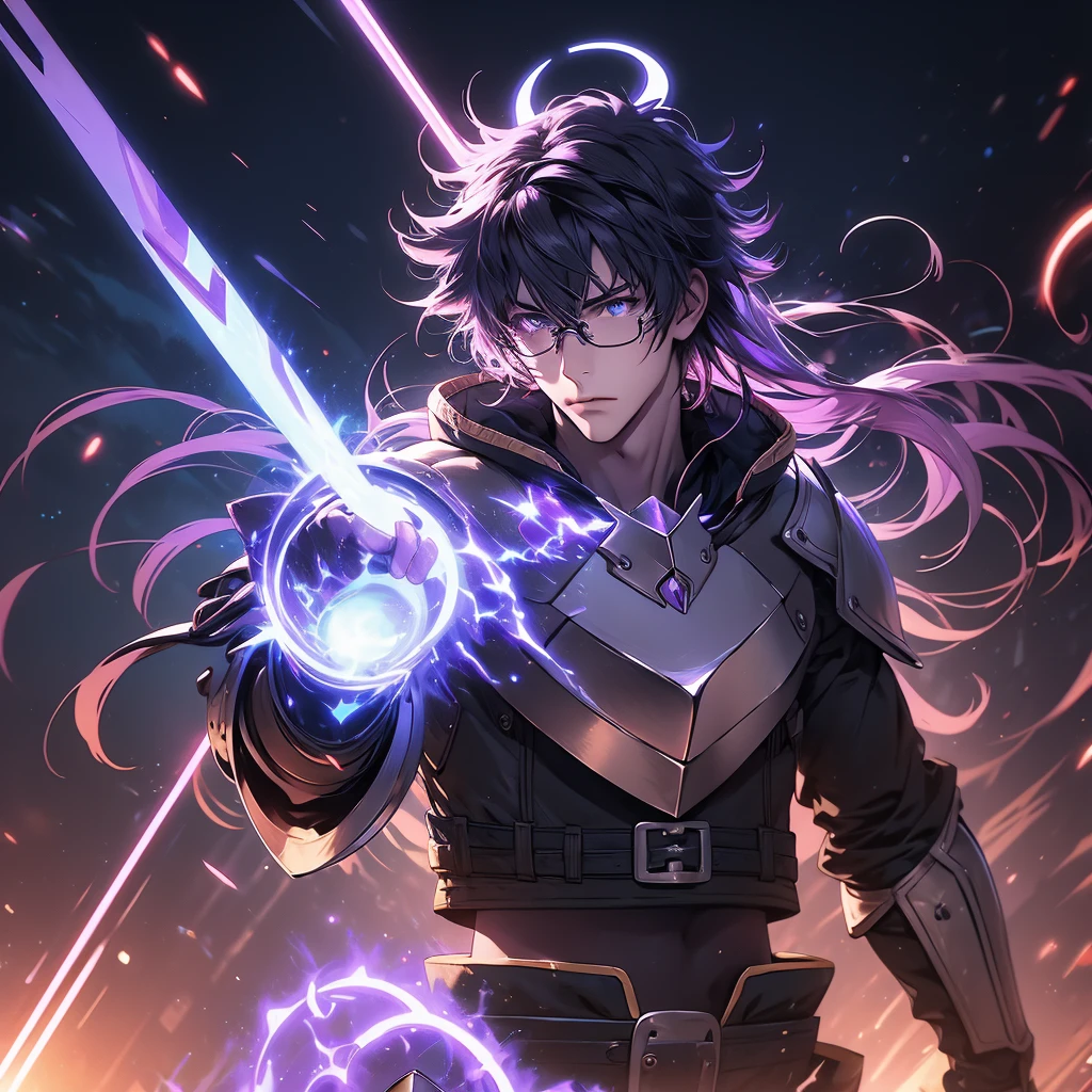 ((masterpiece)), (best quality), (ultra-detailed), (best illustration), (best illumination), photorealistic, 1boy, solo, long hair, lilac hair, wearing glasses, lilac eyes, black armor, lilac armor, multicolored armor, hammer hero, crazy, metal halo behind, dark aura, obsession, glowing pupils, full body, floating in air, ruins scenery, dark sky. 