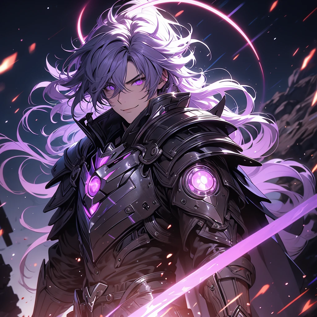 ((masterpiece)), (best quality), (ultra-detailed), (best illustration), (best illumination), photorealistic, 1boy, solo, long hair, lilac hair, lilac eyes, black armor, lilac armor, multicolored armor, hammer hero, crazy, metal halo behind, dark aura, obsession, glowing pupils, full body, floating in air, ruins scenery, dark sky, maniac smile, tiny pupils, black sclera. 