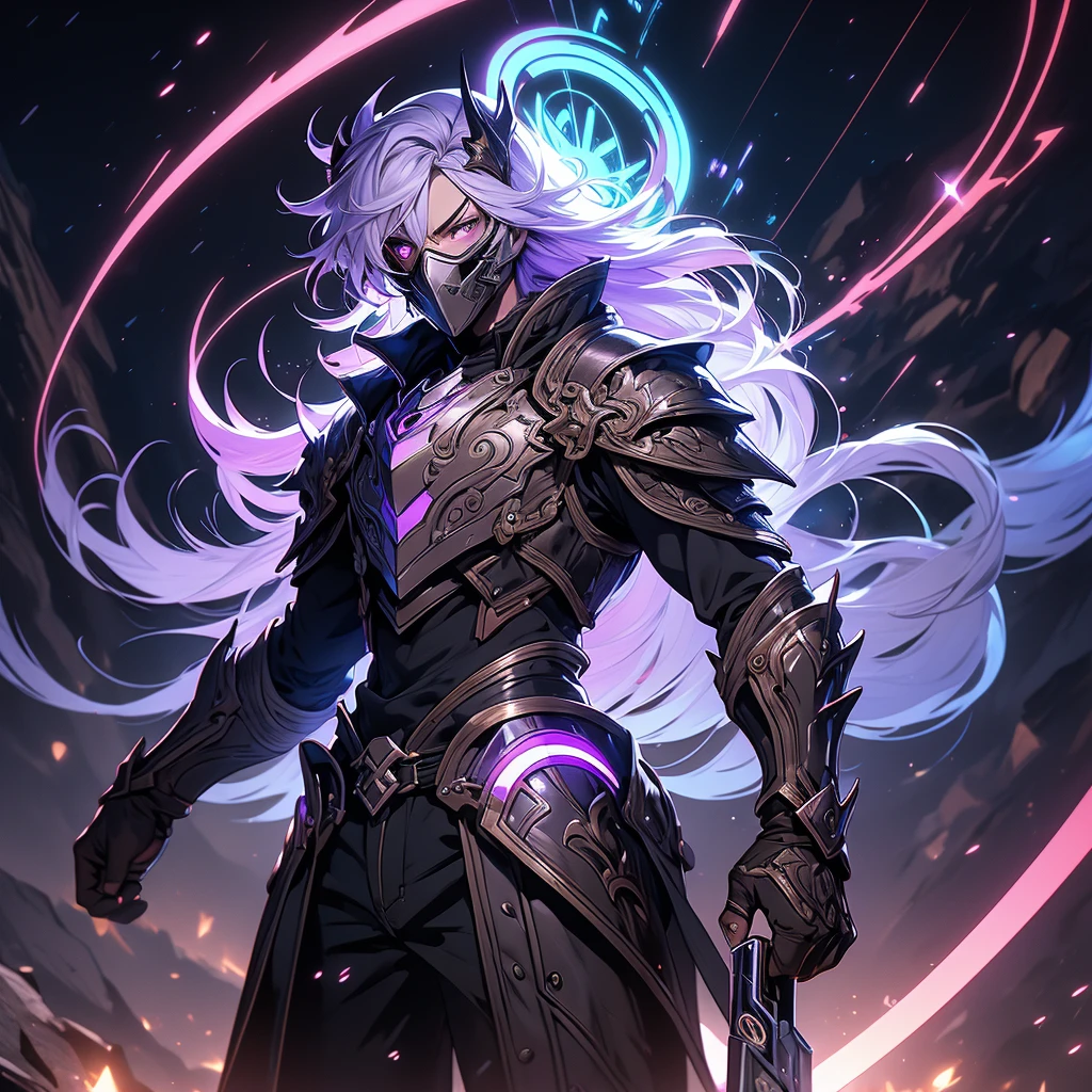 ((masterpiece)), (best quality), (ultra-detailed), (best illustration), (best illumination), photorealistic, 1boy, solo, long hair, lilac hair, lilac eyes, black armor, lilac armor, multicolored armor, hammer hero, crazy, metal halo behind, dark aura, obsession, glowing pupils, full body, floating in air, ruins scenery, dark sky, mask, J symbol on mask, hidden face. 