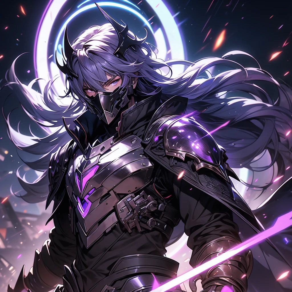 ((masterpiece)), (best quality), (ultra-detailed), (best illustration), (best illumination), photorealistic, 1boy, solo, long hair, lilac hair, lilac eyes, black armor, lilac armor, multicolored armor, hammer hero, crazy, metal halo behind, dark aura, obsession, glowing pupils, full body, floating in air, ruins scenery, dark sky, mask, J symbol on mask, hidden face. 