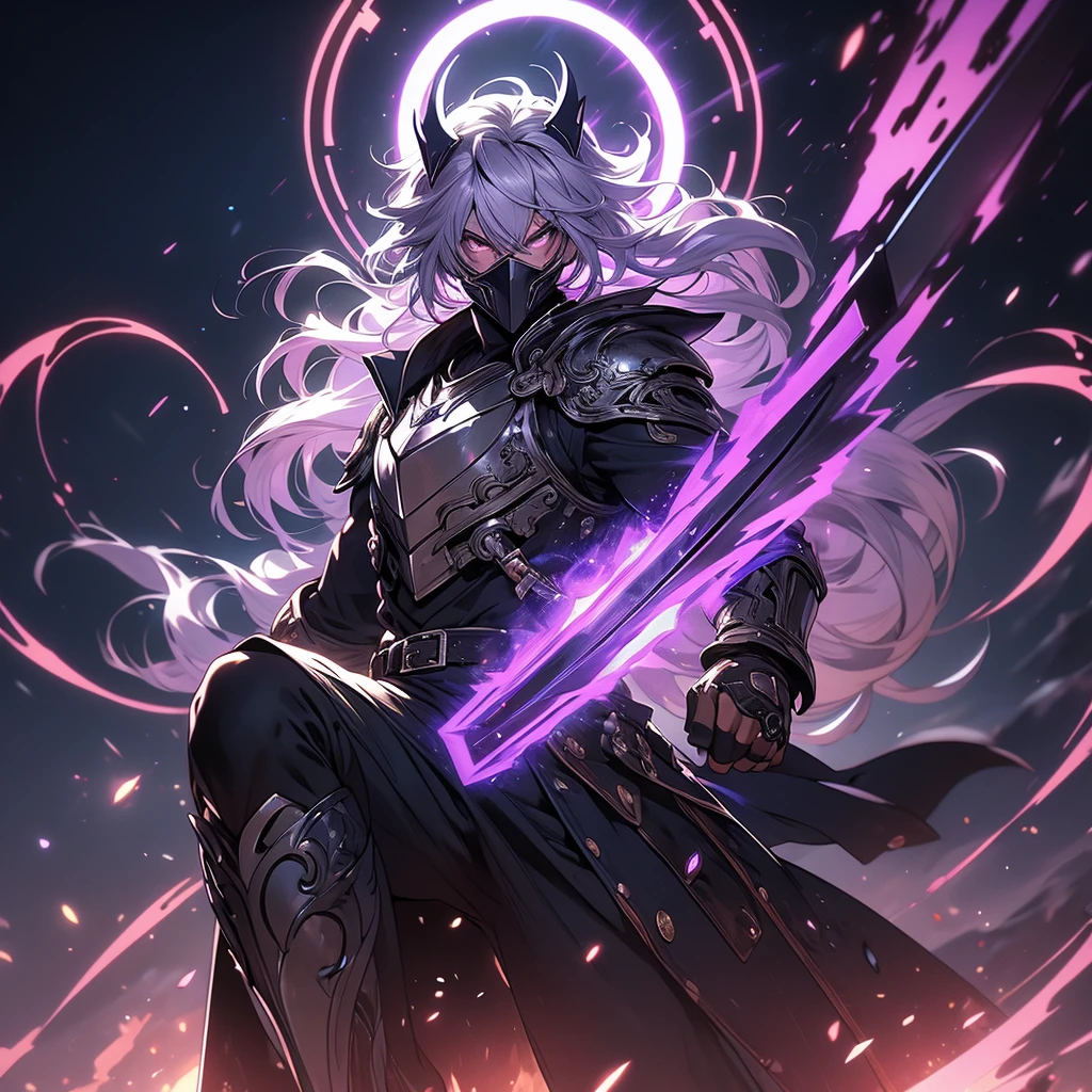 ((masterpiece)), (best quality), (ultra-detailed), (best illustration), (best illumination), photorealistic, 1boy, solo, long hair, lilac hair, lilac eyes, black armor, lilac armor, multicolored armor, hammer hero, crazy, metal halo behind, dark aura, obsession, glowing pupils, full body, floating in air, ruins scenery, dark sky, mask, J symbol on mask, hidden face. 