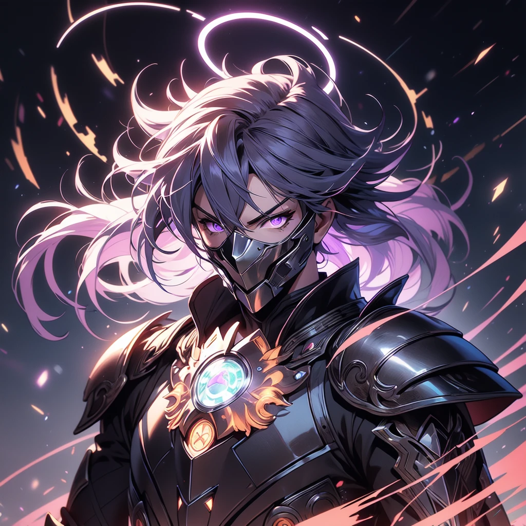 ((masterpiece)), (best quality), (ultra-detailed), (best illustration), (best illumination), photorealistic, 1boy, solo, long hair, lilac hair, lilac eyes, black armor, lilac armor, multicolored armor, hammer hero, crazy, metal halo behind, dark aura, obsession, glowing pupils, full body, floating in air, ruins scenery, dark sky, mask, J symbol on mask, face completely under mask, demonic armor, eyes on armor parts. 