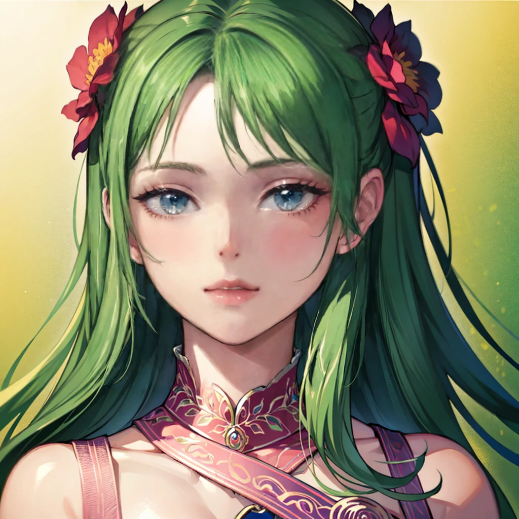 a beautiful young girl with long green hair wearing a pink dress, (best quality,4k,8k,highres,masterpiece:1.2),ultra-detailed,(realistic,photorealistic,photo-realistic:1.37),intricate details,porcelain skin,gorgeous eyes,full lips,elegant pose,in a vibrant garden setting,lush greenery,colorful flowers,warm lighting,whimsical,dreamy,fantasy