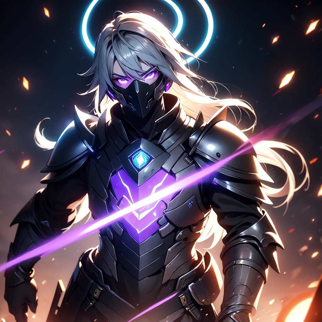 ((masterpiece)), (best quality), (ultra-detailed), (best illustration), (best illumination), photorealistic, 1boy, solo, long hair, white hair, wearing glasses, lilac eyes, black armor, lilac armor, multicolored armor, hammer hero, crazy, metal halo behind, dark aura, obsession, glowing pupils, full body, floating in air, ruins scenery, dark sky, mask on full face, no face, mask. 