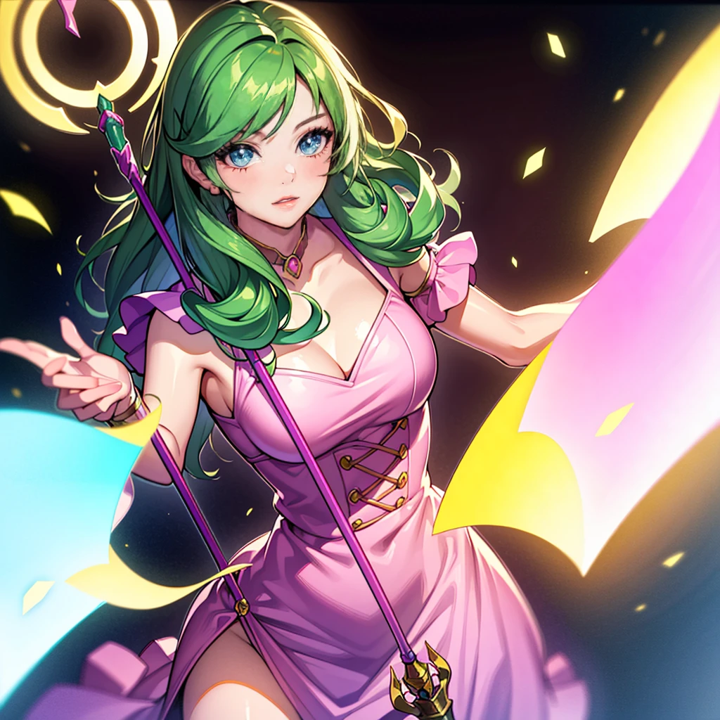 a beautiful young girl with long green hair,wearing a pink dress,holding a staff,yugioh card,full body,detailed face,detailed eyes,detailed lips,detailed hair,detailed dress,detailed staff,vibrant colors,cinematic lighting,dramatic composition,fantasy,digital art,octane render,8k,highly detailed,photorealistic,masterpiece