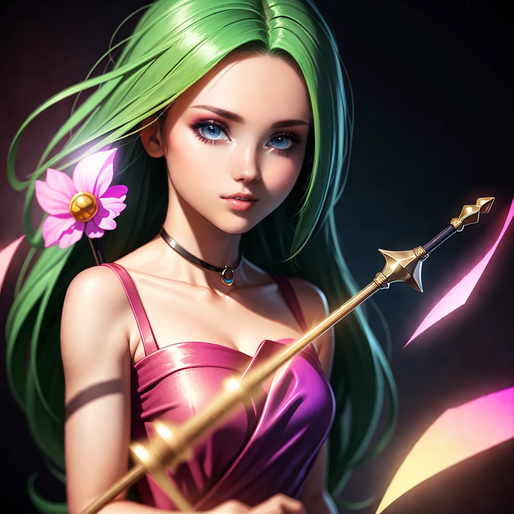 a beautiful young girl with long green hair,wearing a pink dress,holding a staff,yugioh card,full body,detailed face,detailed eyes,detailed lips,detailed hair,detailed dress,detailed staff,vibrant colors,cinematic lighting,dramatic composition,fantasy,digital art,octane render,8k,highly detailed,photorealistic,masterpiece
