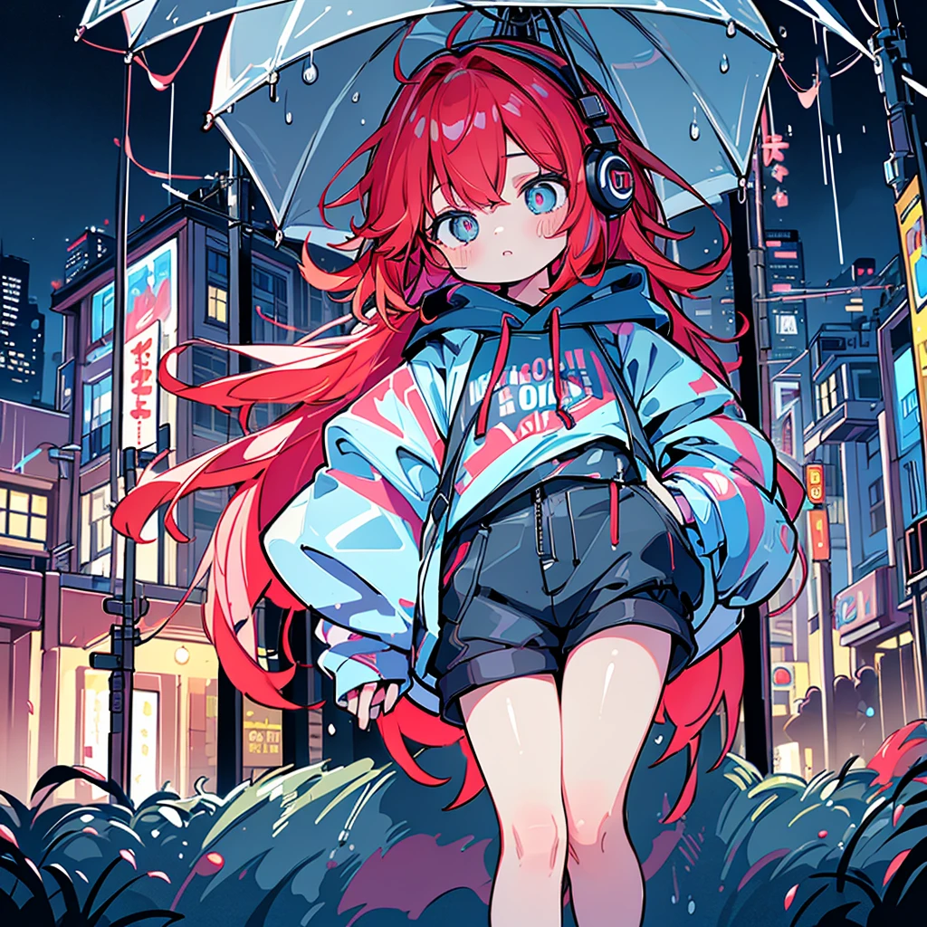 8 k resolution、((highest qualityr))、((masterpiece))、((Ultra-detailed))、1 woman、Alone、Incredibly absurd、Oversized hoodies、headphones、Street、outdoor、rain at night、Neons、Haircut、bright colored eyes、hands in pockets、Shorts、dripping water、red hairs、Bob Hair