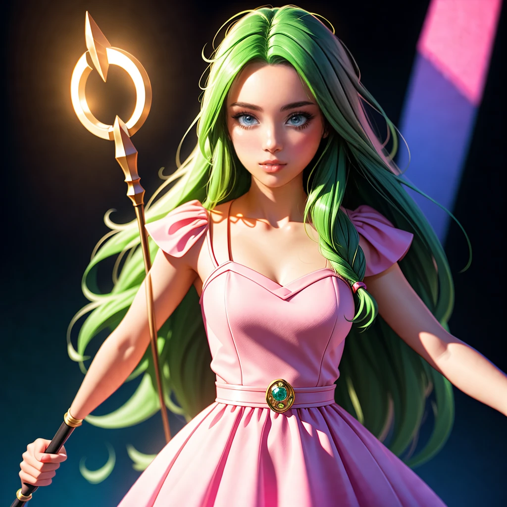 a beautiful young girl with long green hair,wearing a pink dress,holding a staff,yugioh card,full body,detailed face,detailed eyes,detailed lips,detailed hair,detailed dress,detailed staff,vibrant colors,cinematic lighting,dramatic composition,fantasy,digital art,octane render,8k,highly detailed,photorealistic,masterpiece
